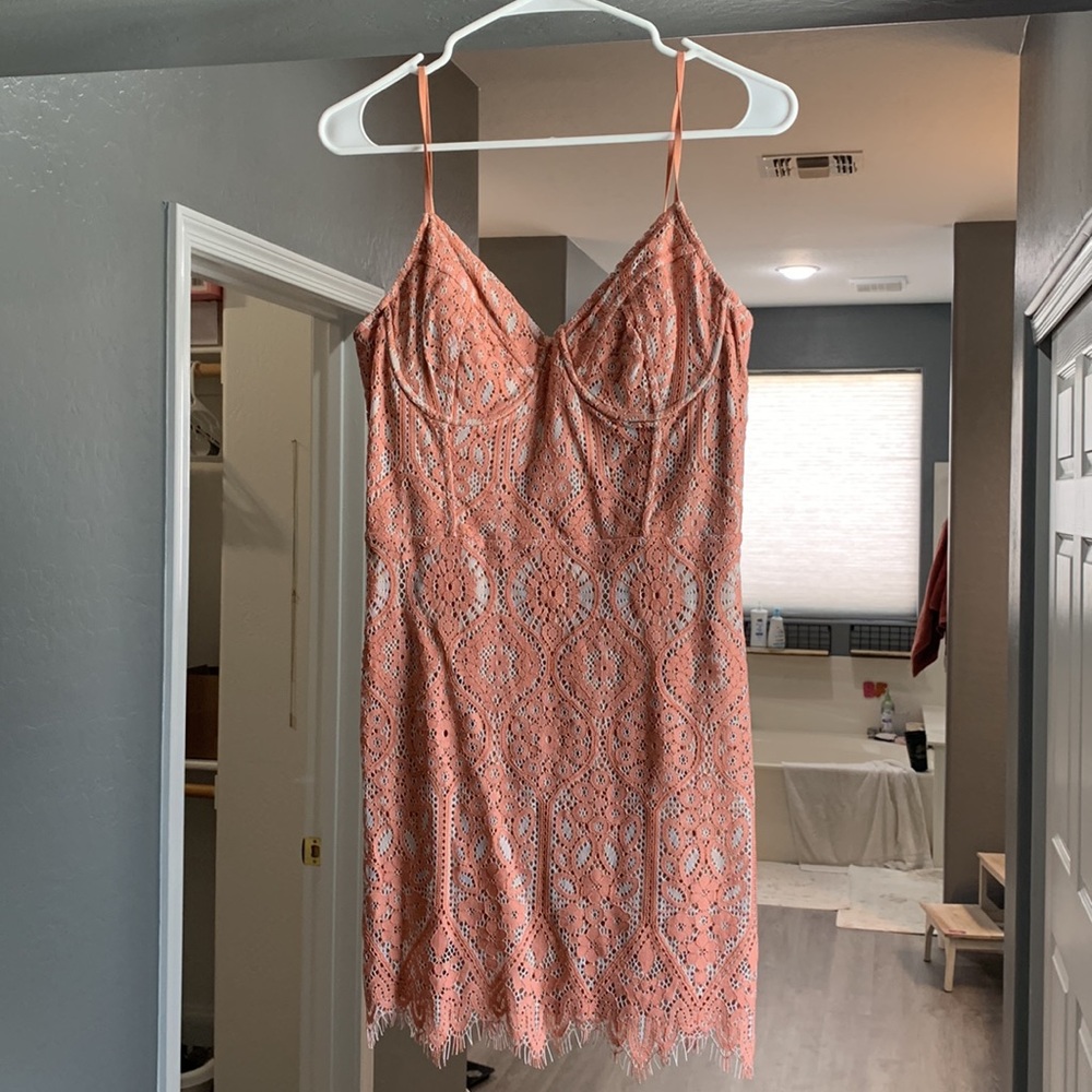 Light coral crochet lace mini dress